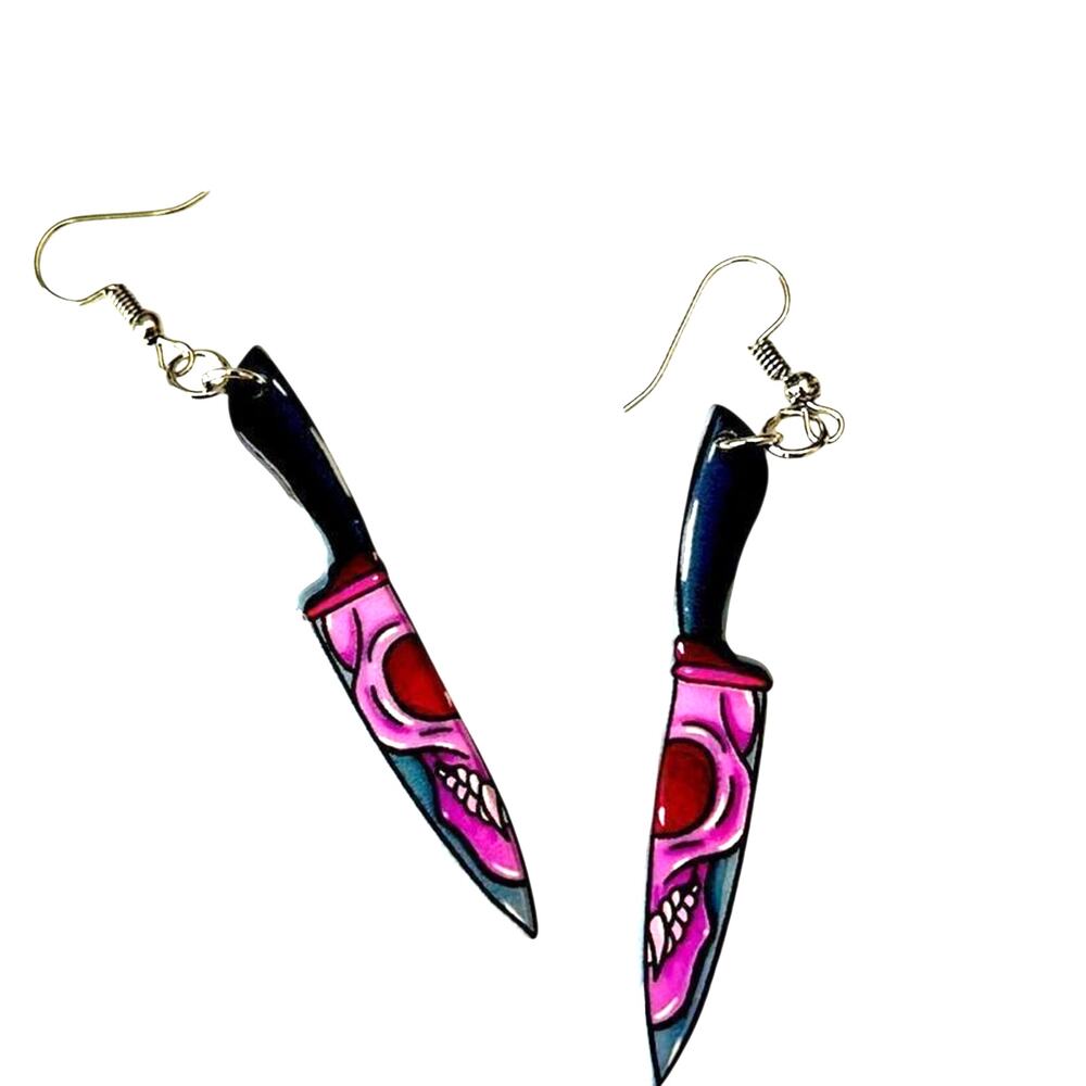 Pink & Black Skull Butcher Knife Dangle Earrings Goth Alt
